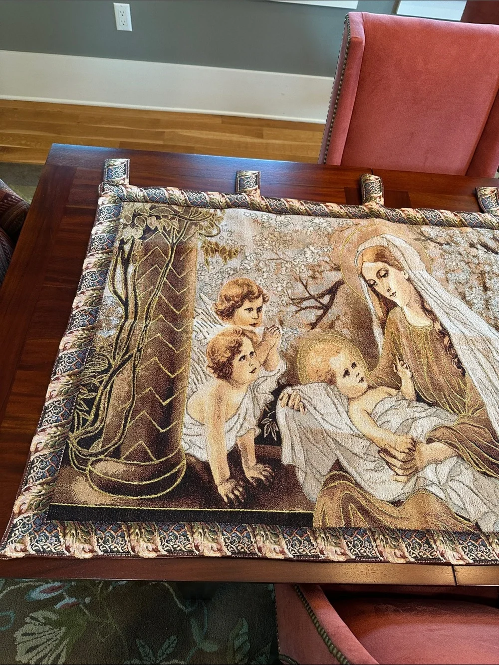 Religious Tapestry-Tache Home Decor “Christ Among The Blossom Mary & Child Jesus